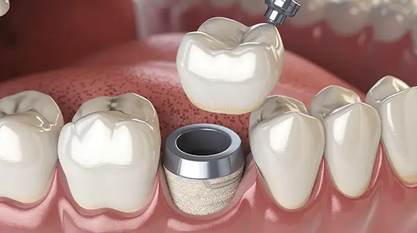 Close-up of a dental implant being fitted with a crown for tooth restoration.